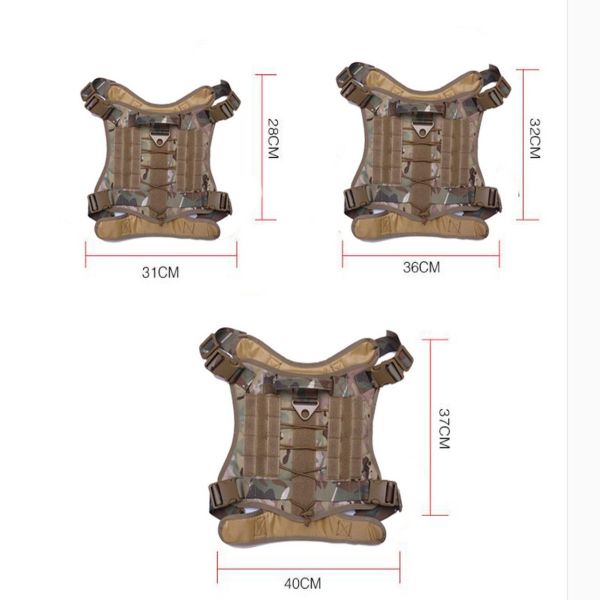 Four views of a Tactical Scorpion Gear D4 Dog K9 MOLLE Military Combat Edition Training Vest Harness with dimensions labeled.