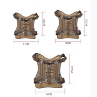 Thumbnail for Four views of a camouflaged Tactical Scorpion Gear - D4 Dog K9 MOLLE Military Combat Edition Training Vest Harness with dimensions labelled.