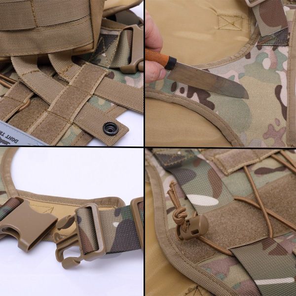 A collage showcasing different features of a Tactical Scorpion Gear D4 Dog K9 MOLLE Military Combat Edition Training Vest Harness including straps, buckles, and a partially concealed knife with MOLLE strapping.
