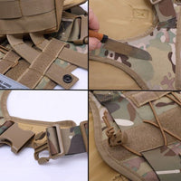 Thumbnail for A collage showcasing different features of a Tactical Scorpion Gear D4 Dog K9 MOLLE Military Combat Edition Training Vest Harness including straps, buckles, and a partially concealed knife with MOLLE strapping.
