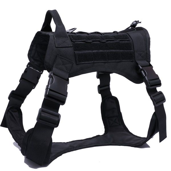 Tactical Scorpion Gear dog harness with MOLLE strapping on a white background.