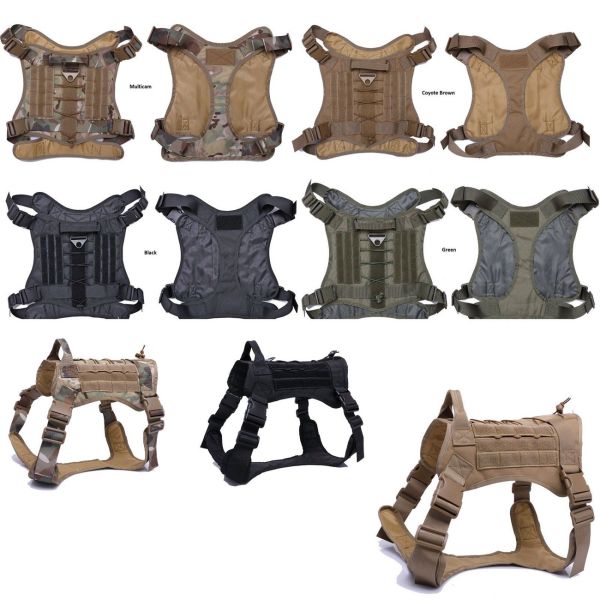 Assortment of Tactical Scorpion Gear D4 Dog K9 MOLLE Military Combat Edition Training Vests Harnesses in various colors displayed on a neutral background.