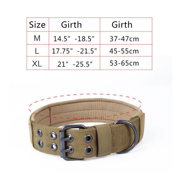 Size chart and a khaki-colored adjustable Tactical Scorpion Gear - Dog Collar Canine Dog K9 Training Military- Nylon with metal grommets.