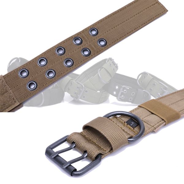 Adjustable brown Tactical Scorpion Gear - Dog Collar Canine Dog K9 Training Military- Nylon with a black buckle and additional clear buckle components for K9 training.