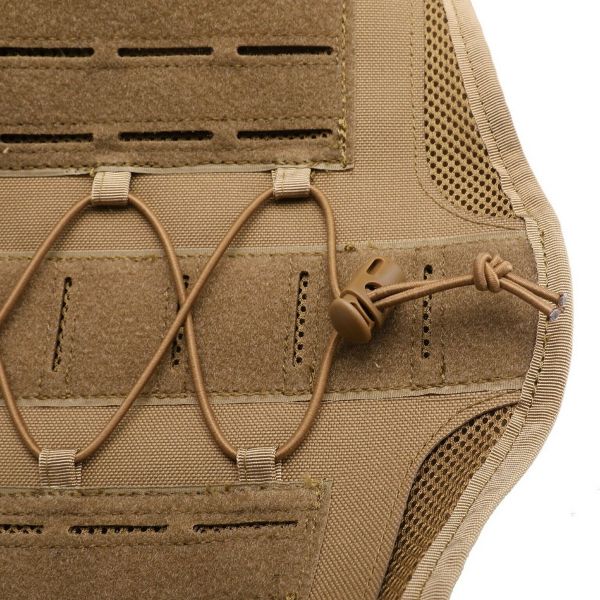 Close-up of a tan Tactical Scorpion Gear- Laser Cut Dog Training Vest Harness K9 Camo MOLLE D6 with an elastic drawstring.