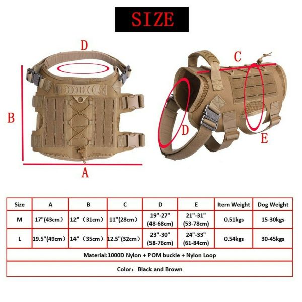 Tactical Scorpion Gear- Laser Cut Dog Training Vest Harness K9 Camo MOLLE D6 vest with labeled parts and size chart details, featuring a MOLLE strapping system.
