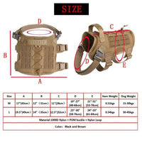Thumbnail for Tactical Scorpion Gear- Laser Cut Dog Training Vest Harness K9 Camo MOLLE D6 vest with labeled parts and size chart details, featuring a MOLLE strapping system.