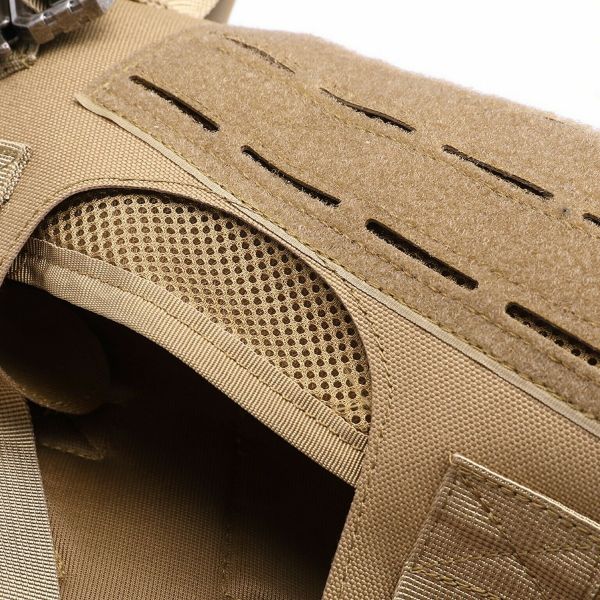 Close-up of a brown Tactical Scorpion Gear Tactical Scorpion Gear- Laser Cut Dog Training Vest Harness K9 Camo MOLLE D6 with mesh ventilation and chew-proof quick connect buckles.