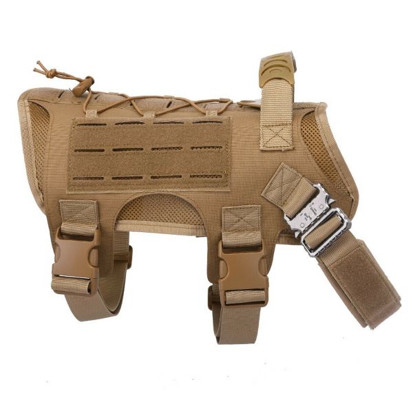 A tan Tactical Scorpion Gear- Laser Cut Dog Training Vest Harness K9 Camo MOLLE D6 featuring a MOLLE strapping system isolated on a white background.