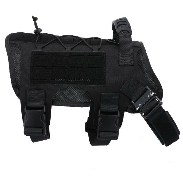 Black Tactical Scorpion Gear dog harness with chew-proof quick connect buckles and adjustable straps.