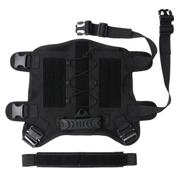 A black Tactical Scorpion Gear- Laser Cut Dog Training Vest Harness K9 Camo MOLLE D6 with adjustable straps on a white background.