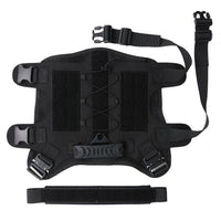 Thumbnail for A black Tactical Scorpion Gear- Laser Cut Dog Training Vest Harness K9 Camo MOLLE D6 with adjustable straps on a white background.