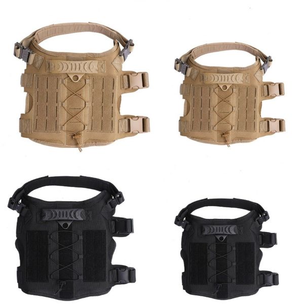 Four Tactical Scorpion Gear Laser Cut Dog Training Vest Harnesses displayed in two colors, with each color shown in a front and back view, featuring chew-proof quick connect buckles and MOLLE strapping system.