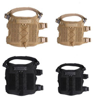 Thumbnail for Four Tactical Scorpion Gear Laser Cut Dog Training Vest Harnesses displayed in two colors, with each color shown in a front and back view, featuring chew-proof quick connect buckles and MOLLE strapping system.