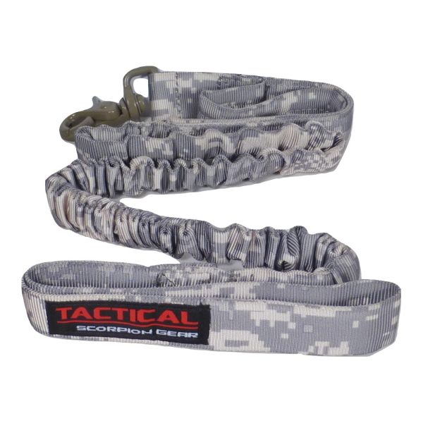 Coiled Tactical Scorpion Gear digital camouflage tactical dog leash with a quick-release buckle.