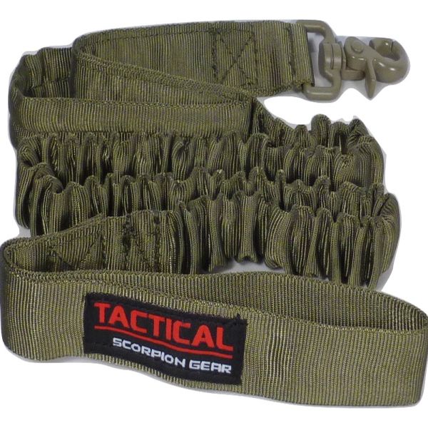 Olive green Tactical Scorpion Gear K9 training harness belt with a black buckle and a label that reads "Tactical Scorpion Gear," designed for K9 training harness compatibility.
