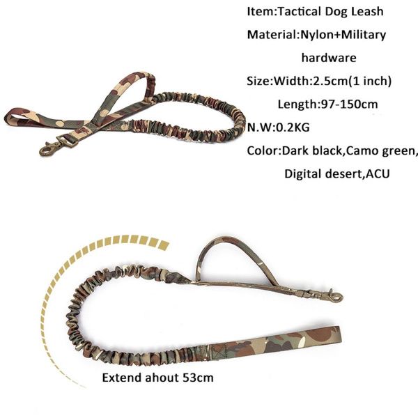 Two retractable Tactical Scorpion Gear dog leashes with camouflage patterns and military dog gear specifications listed alongside.