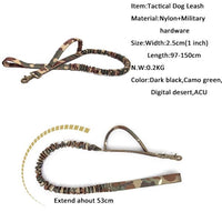 Thumbnail for Two retractable Tactical Scorpion Gear dog leashes with camouflage patterns and military dog gear specifications listed alongside.