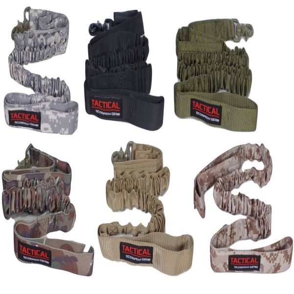 Assorted Tactical Scorpion Gear belts and Military Dog Gear in various camouflage patterns.