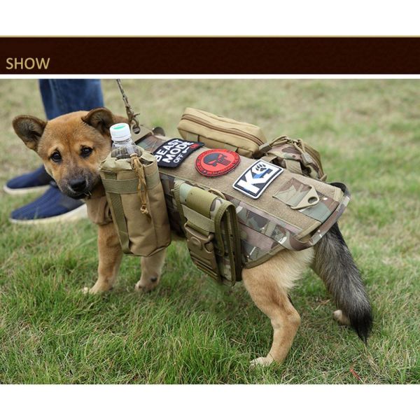 A dog wearing a Tactical Scorpion Gear - Level IIIA Dog Body Armor Canine K9 Police Vest Harness D5 with pockets and patches, including a water bottle attached to its side, is decked out in Level IIIA Armor.