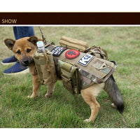 Thumbnail for A dog wearing a Tactical Scorpion Gear - Level IIIA Dog Body Armor Canine K9 Police Vest Harness D5 with pockets and patches, including a water bottle attached to its side, is decked out in Level IIIA Armor.