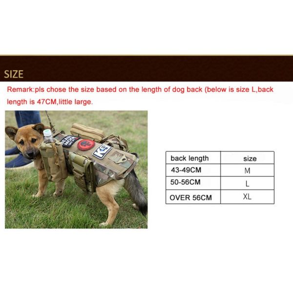 Dog wearing a Tactical Scorpion Gear - Level IIIA Canine K9 Police Vest Harness D5 with size chart for fitting.