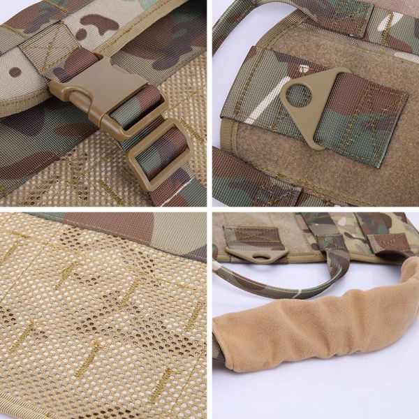 A collage of four close-up images showcasing various parts and features of Tactical Scorpion Gear - Level IIIA Dog Body Armor Canine K9 Police Vest Harness D5, including fabric texture, buckle detail, mesh material, and a velcro patch area.