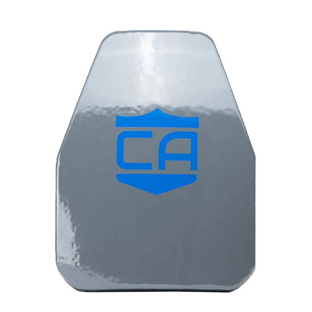 The Caliber Armor Level III Maritime UHMWPE Armor by Caliber Armor is a rectangular gray plate with beveled top corners and a central blue "CA" logo with a shield icon, designed for reliable ballistic protection using durable UHMWPE.