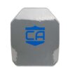 A gray hexagonal object with an Anti-Spall Coating and a blue "Caliber Armor" logo on its surface.