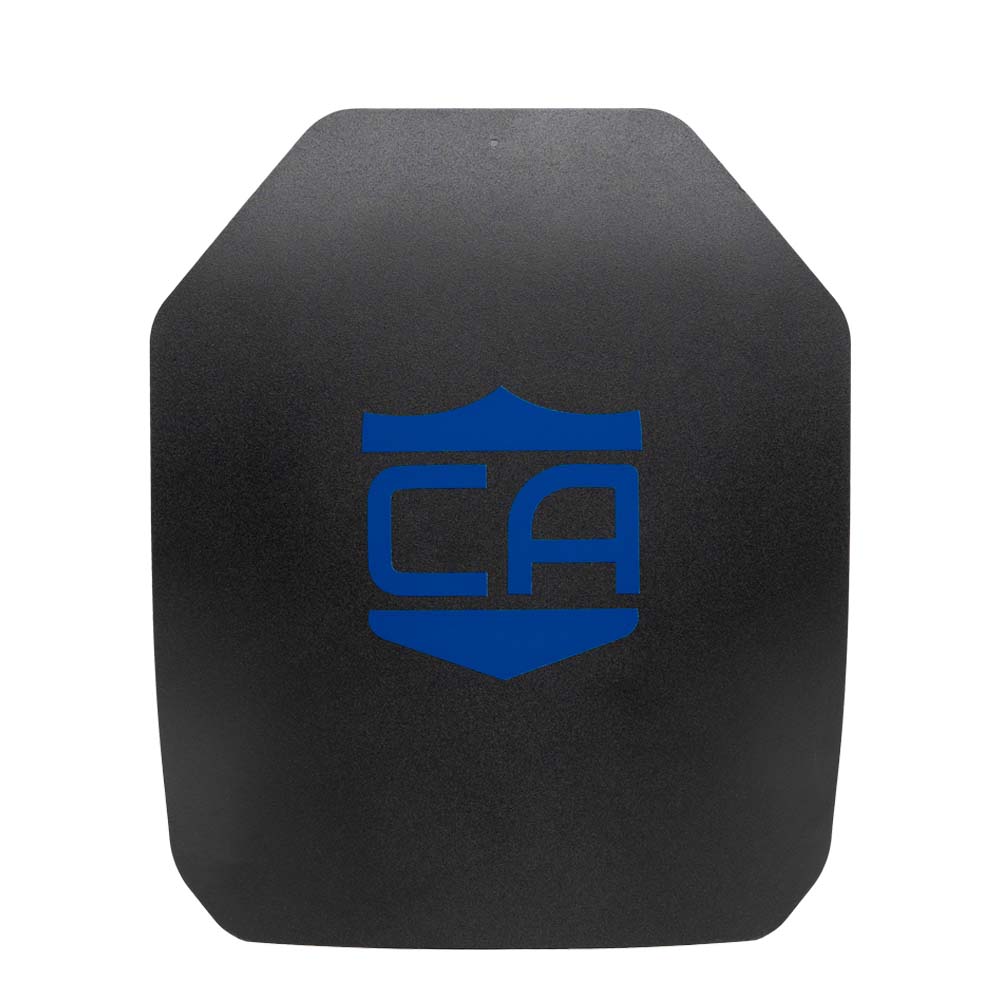 The Caliber Armor AR550 III+ Multi-Curve Body Armor is a black rectangular plate with beveled corners, featuring a blue "CA" shield logo in the center.