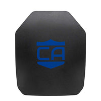 Thumbnail for The Caliber Armor AR550 III+ Multi-Curve Body Armor features a black ballistic plate with standard coating, slightly curved edges, and a blue 