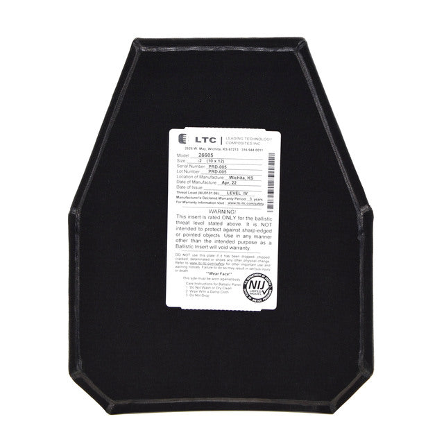 Shellback Tactical 10 x 12 Triple-Curve Swimmer Cut Level IV Hard Armor Plate Model 26605-2 with a white informational label in the center, NIJ 0101.06 certified.