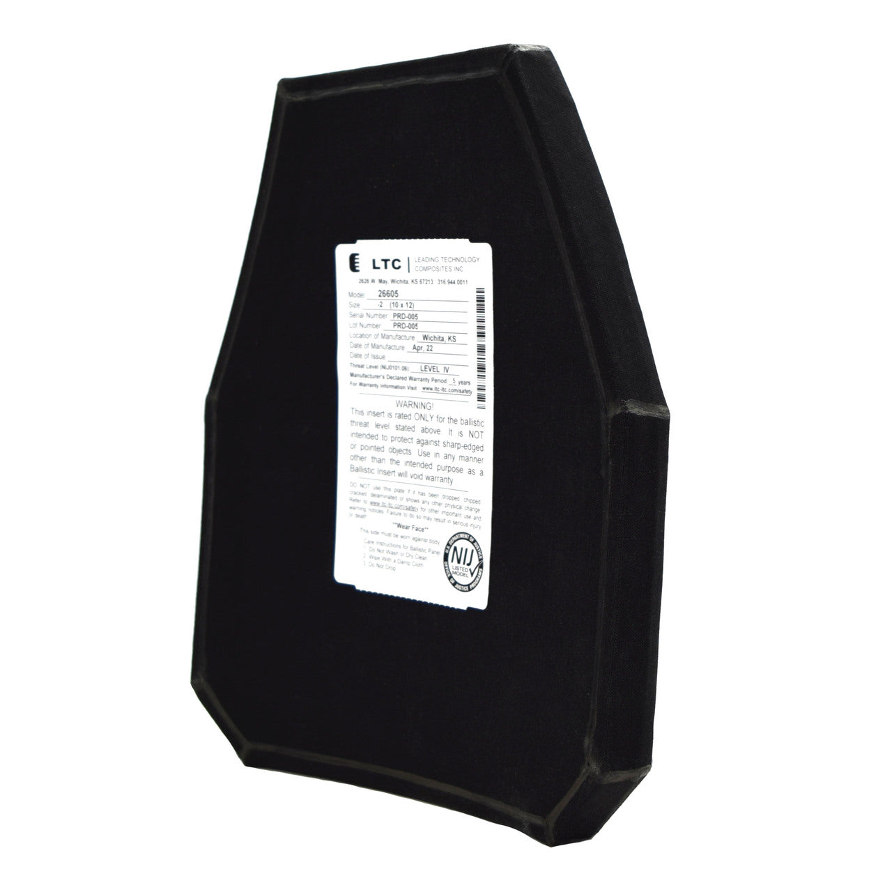 Black coffin-shaped box with a label on it displaying Shellback Tactical 10 x 12 Triple-Curve Swimmer Cut Level IV Hard Armor Plate Model 26605-2 product information, isolated on a white background.