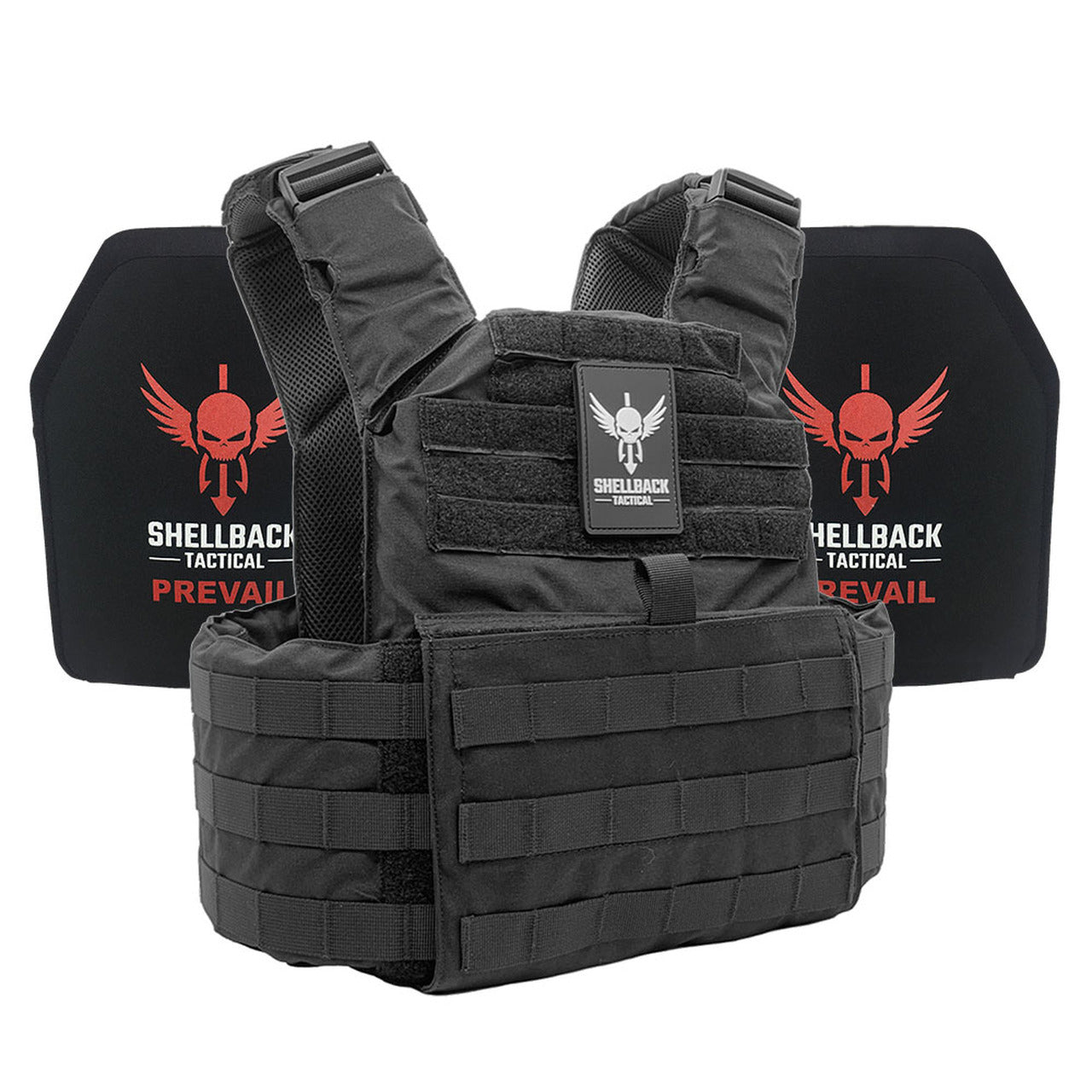 A Shellback Tactical Skirmish Active Shooter Kit with Level IV 1155 Plates plate carrier with a red shield on it.