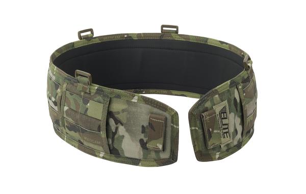 An Elite Survival Systems Sidewinder Battle Belt with a camouflage pattern on it.