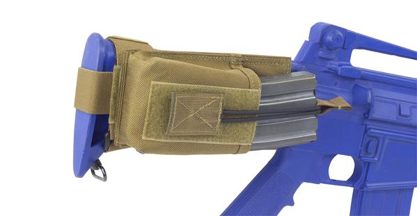 Blue toy gun with an attached Elite Survival Systems Butt Stock Mag Pouches on a white background.