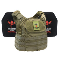 Thumbnail for A Shellback Tactical Patriot Active Shooter Kit with Level IV Model 1155 Armor Plates Ranger Green vest with a red and black logo on it.