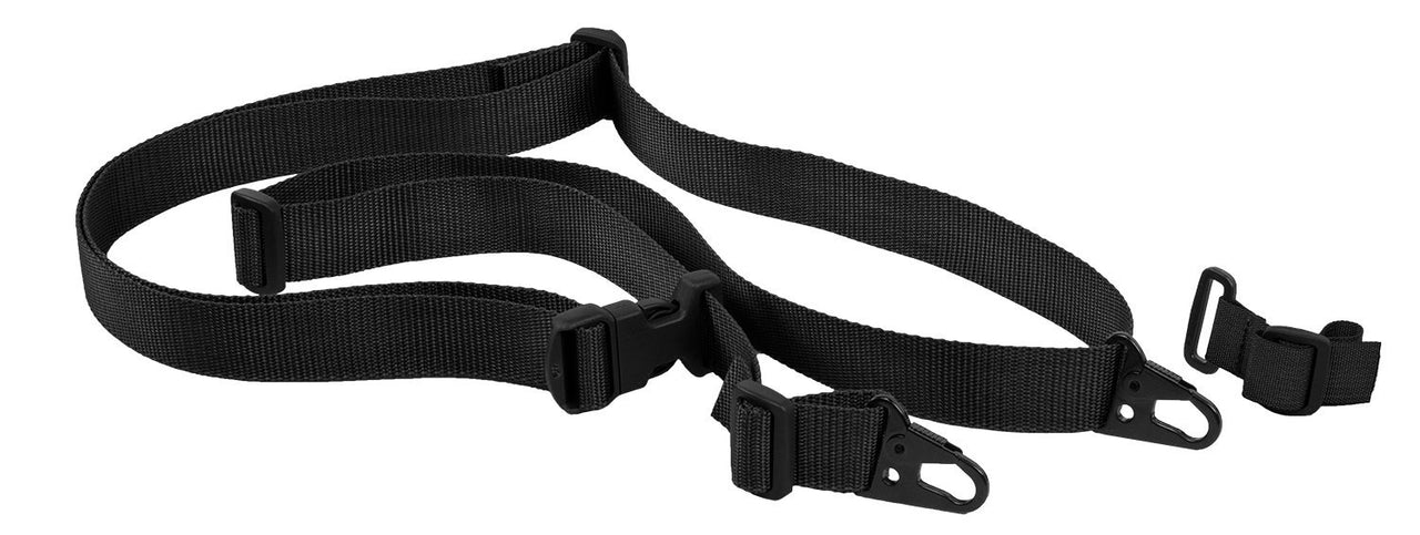 Sentence with replaced product: Elite Survival Systems Three Point HK Slings with black adjustable straps and metal clips isolated on a white background.