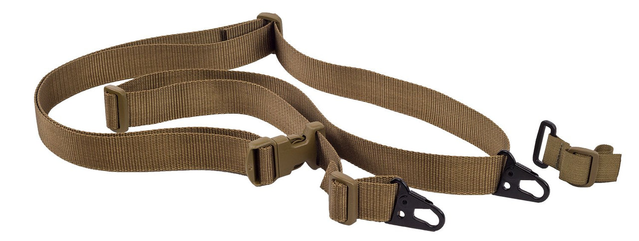 A brown Elite Survival Systems Three Point HK Slings with adjustable straps and HK hook closures, isolated on a white background.