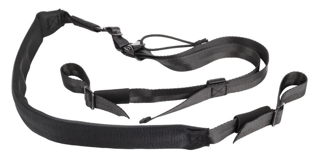 Elite Survival Systems Rapid-Tac 2-Point Padded Sling, Black with clips and buckles, isolated on a white background.