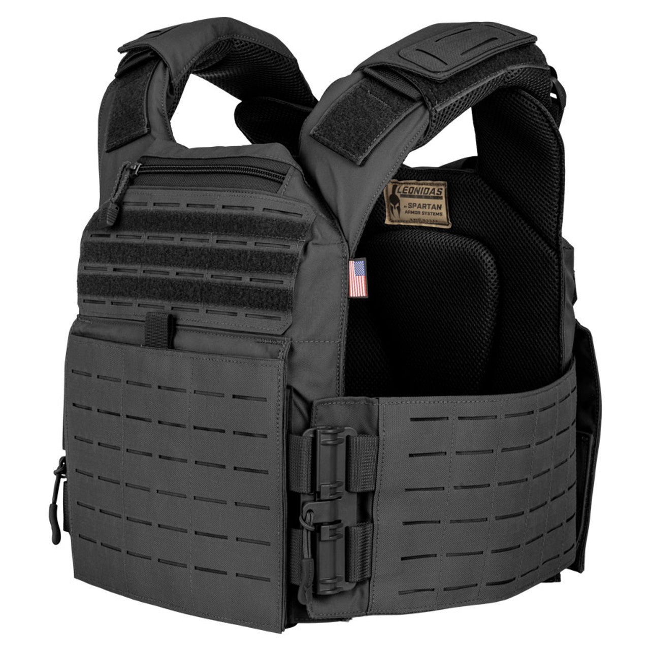 A Spartan Armor Systems Leonidas Legend Plate Carrier - Made in U.S.A. on a white background. (Brand: Pivotal Body Armor)