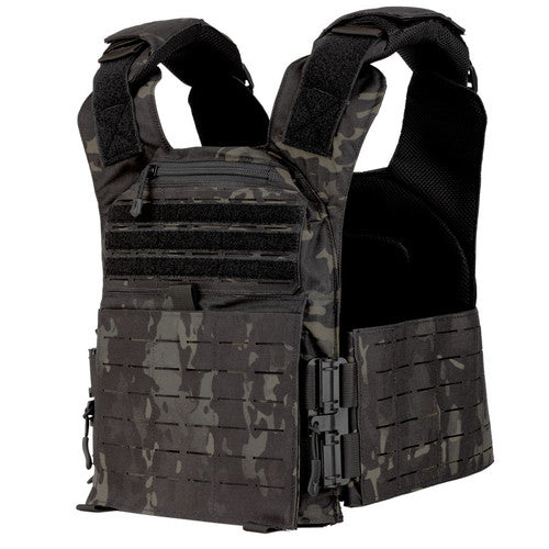 A Spartan Armor Systems Leonidas Legend Plate Carrier - Made in U.S.A. with a black camouflage pattern by Pivotal Body Armor.