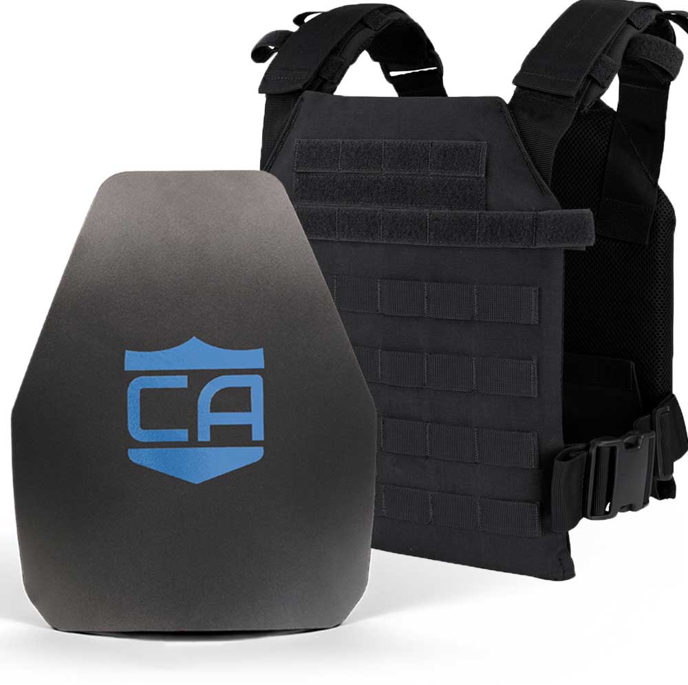 A black Caliber Armor AR550 Level III+ Active Shooter Response Package plate carrier with the word ca on it.