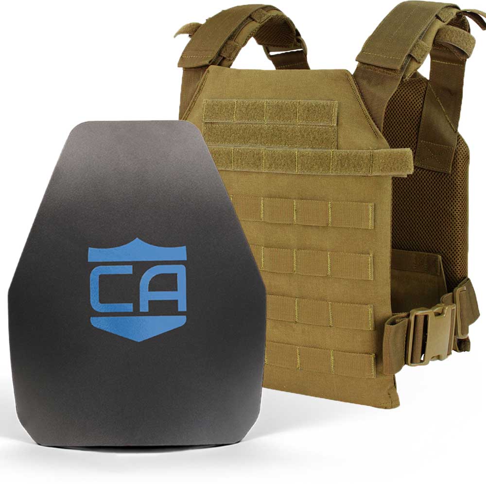 A Caliber Armor AR550 Level III+ Active Shooter Response Package tactical plate carrier with the letter ca on it.