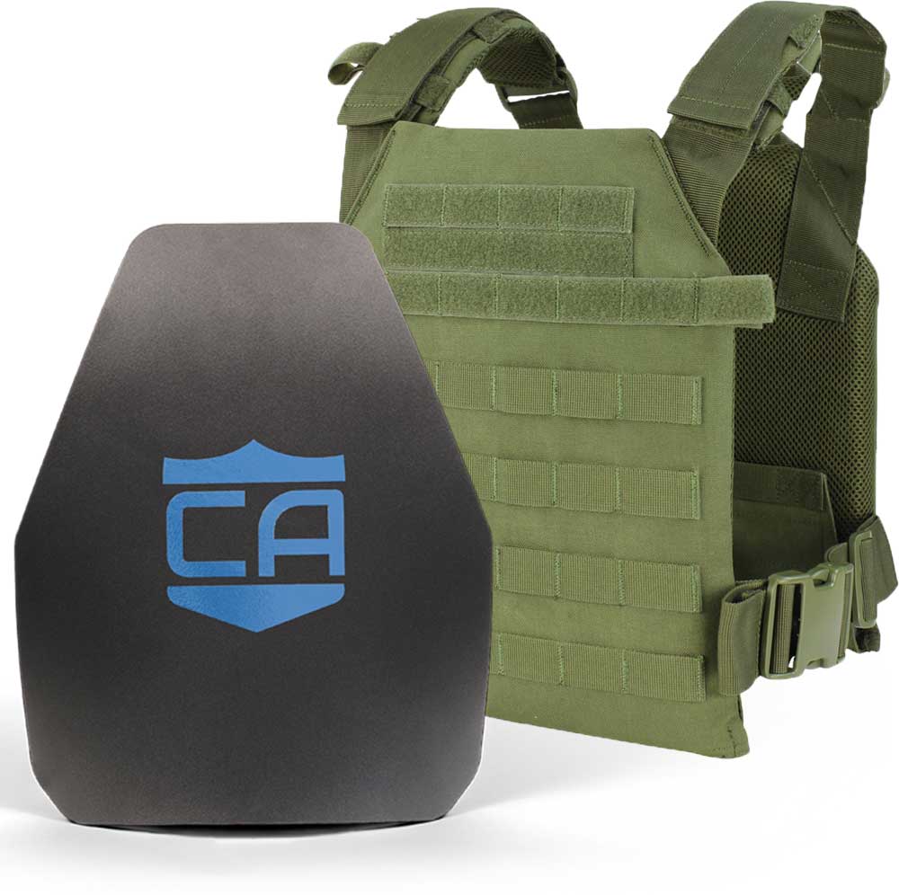 A green Caliber Armor plate carrier with the letter ca on it.