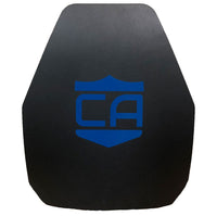 Thumbnail for A Caliber Armor AR550 III+ Multi-Curve Body Armor- Standard Coating plate with a blue logo on it.