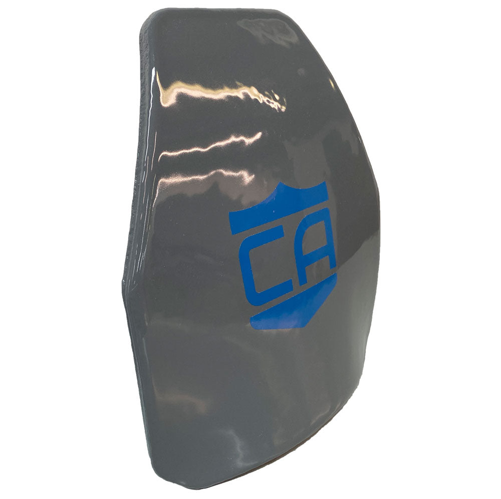 A Caliber Armor gray and blue shield with the letter a on it.
