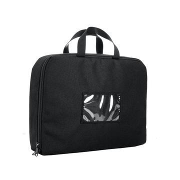 A black fabric travel bag with a transparent window, Body Armor Direct Active Shooter Defense Kit protection, and a zippered closure, isolated on a white background.