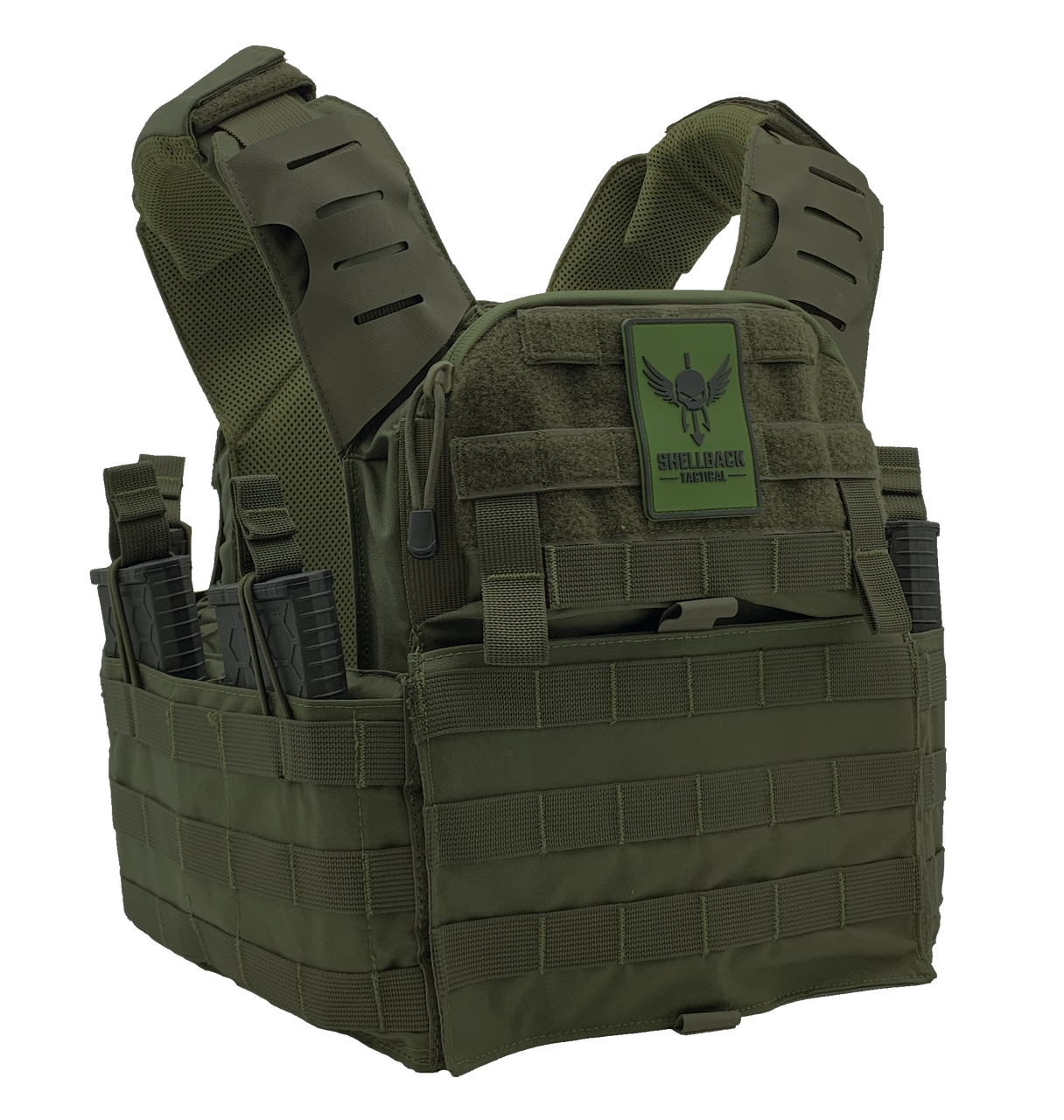 A Shellback Tactical Banshee Elite 2.0 Plate Carrier in olive green.