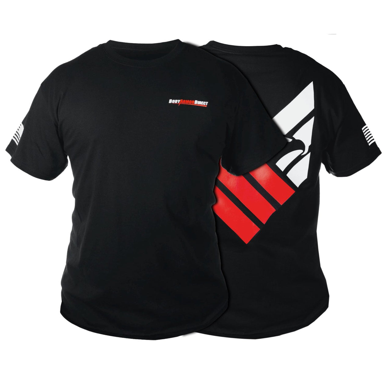 Two black Body Armor Direct T-Shirts; one plain and one with a large red and white abstract design on the side. Both have a small logo on the chest representing Body Armor Direct.